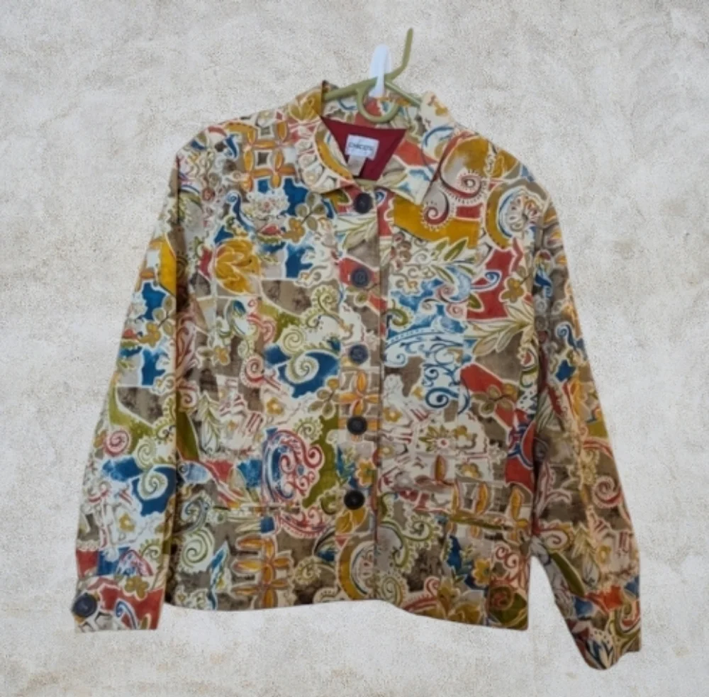 XL Art-to-Wear Abstract Floral Jacket Chico's Size 3 Button Front Casual - Picture 5 of 6
